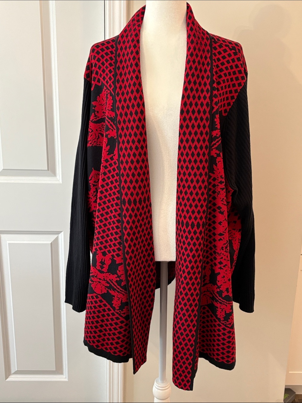 Roaman's Red and Black Open-Front Jacquard Cardigan w/graphic diamonds & floral.